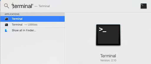 Macのスポットライトでターミナルを検索する様子