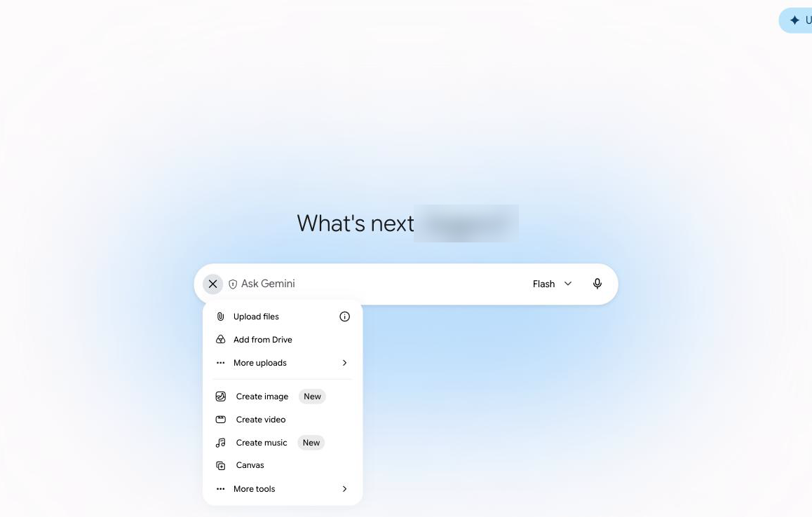 入力欄の＋を押したときのメニュー。ファイルのアップロード、Driveから追加、画像・動画・音楽の生成、Canvas が並んでいる